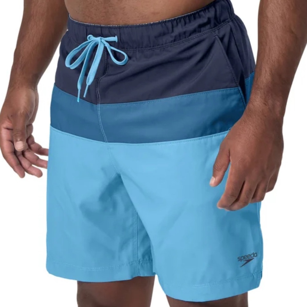 Speedo Men's Navy and Light Blue Swim Trunks Stretch Tech Volley Swim Shorts